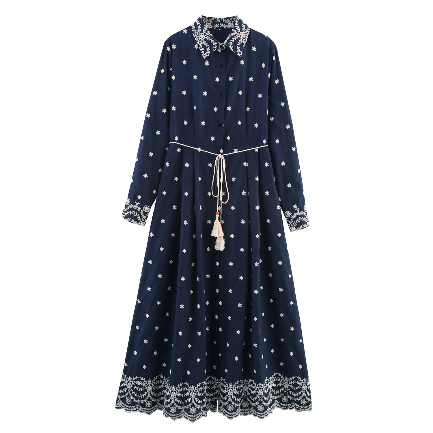 Embroidered Lapel Shirt Hemp Rope Belt Decorative Dress