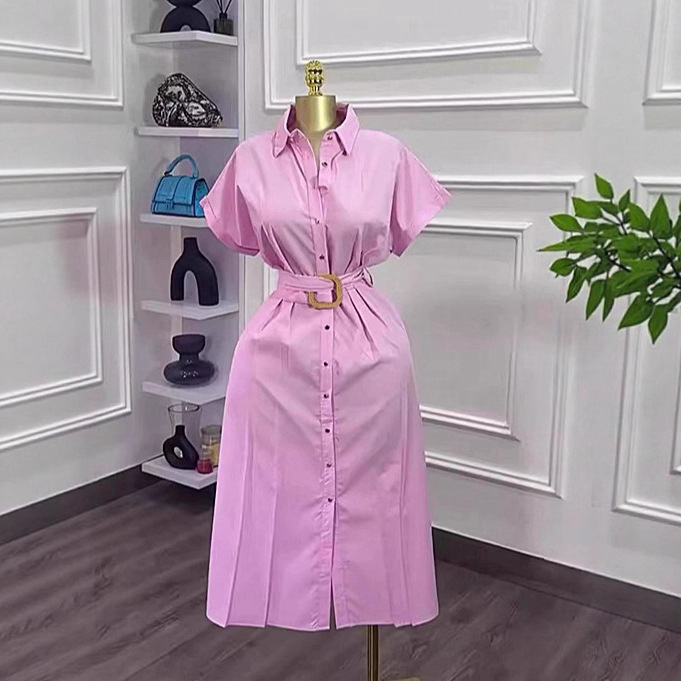 Women's Clothing Elegant Slimming Short Sleeved Shirt Dress Mid Length Solid Color American Style Autumn New Fashion_ecoleips.com