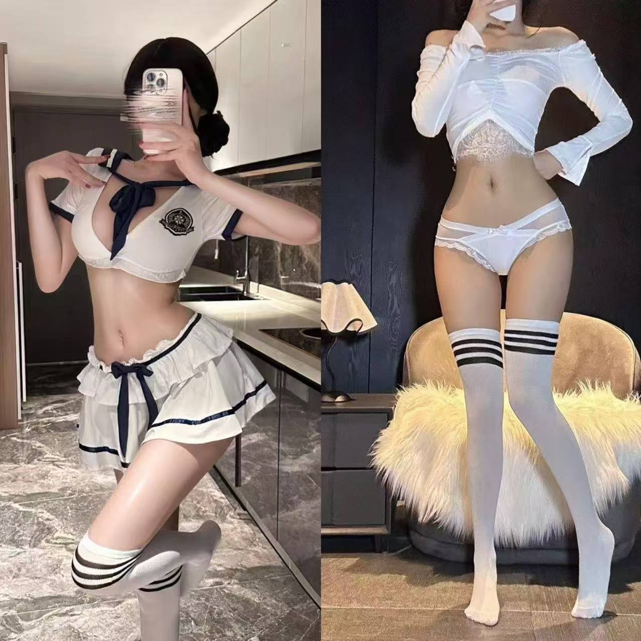 Sailor Maid Role-Play Lingerie Set with Top, Skirt and White Open-Crotch Stockings — detail image 7