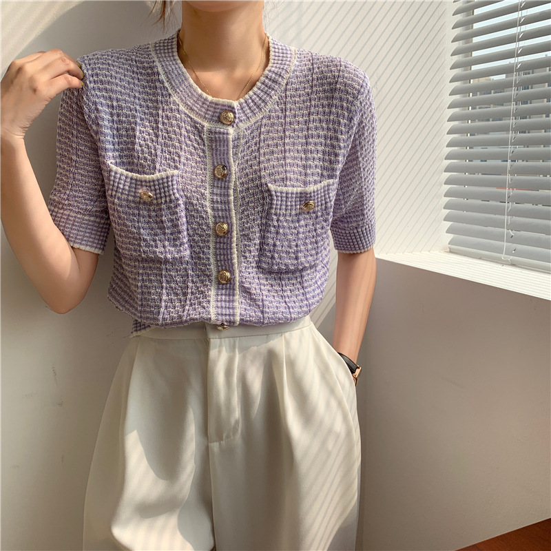 Factory Outlet Thin Knitted Shirt Women's 2022 Summer New Sweater Coat Short Small Shirt Short Sleeve Chanel Style Top