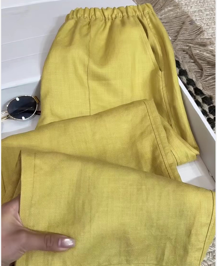 Quần culottes nữ ống rộng vải lanh màu vàng eo cao mùa hè — màu vàng chi tiết 3