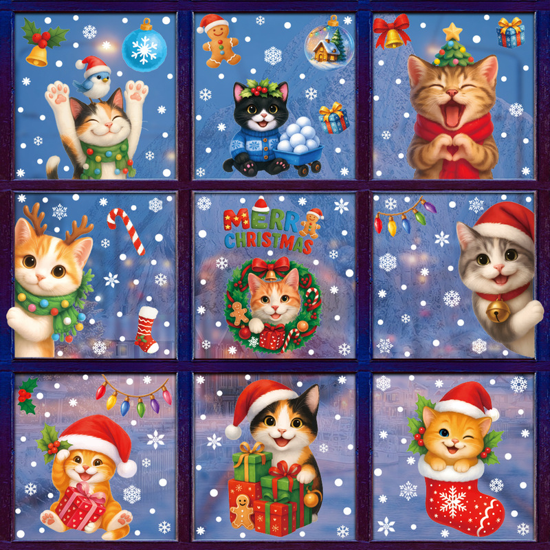 Amazon クリスマスステッカークリエイティブ子猫静電ステッカークリスマスパーティー用品スノーフレークベルガラスステッカー|undefined
