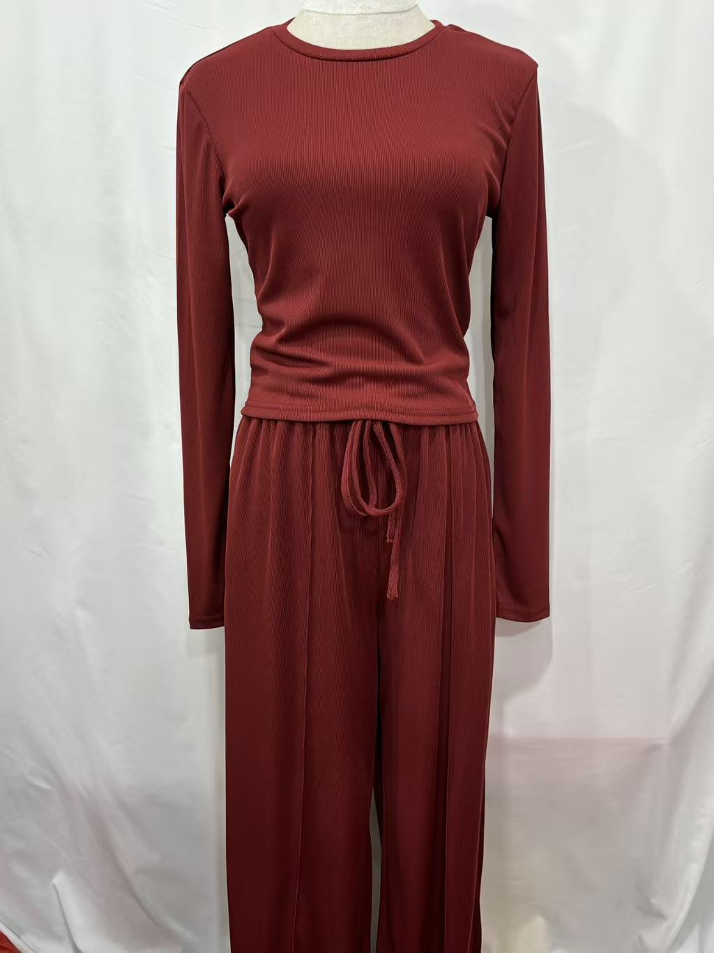 European American Cross-border Solid Color Ribbed Two-piece Set: Slim-fit Short Long-sleeve Top And Drawstring_ecoleips.com