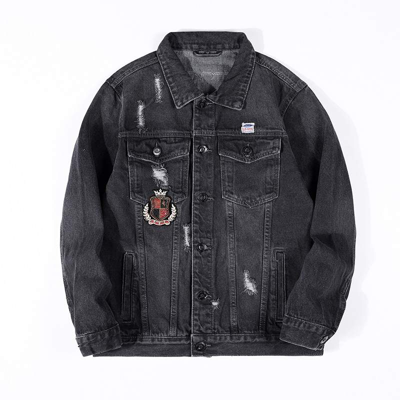 Schwarze Herren Jeansjacke Mit Bestickung Und Biker Design_voghion.com
