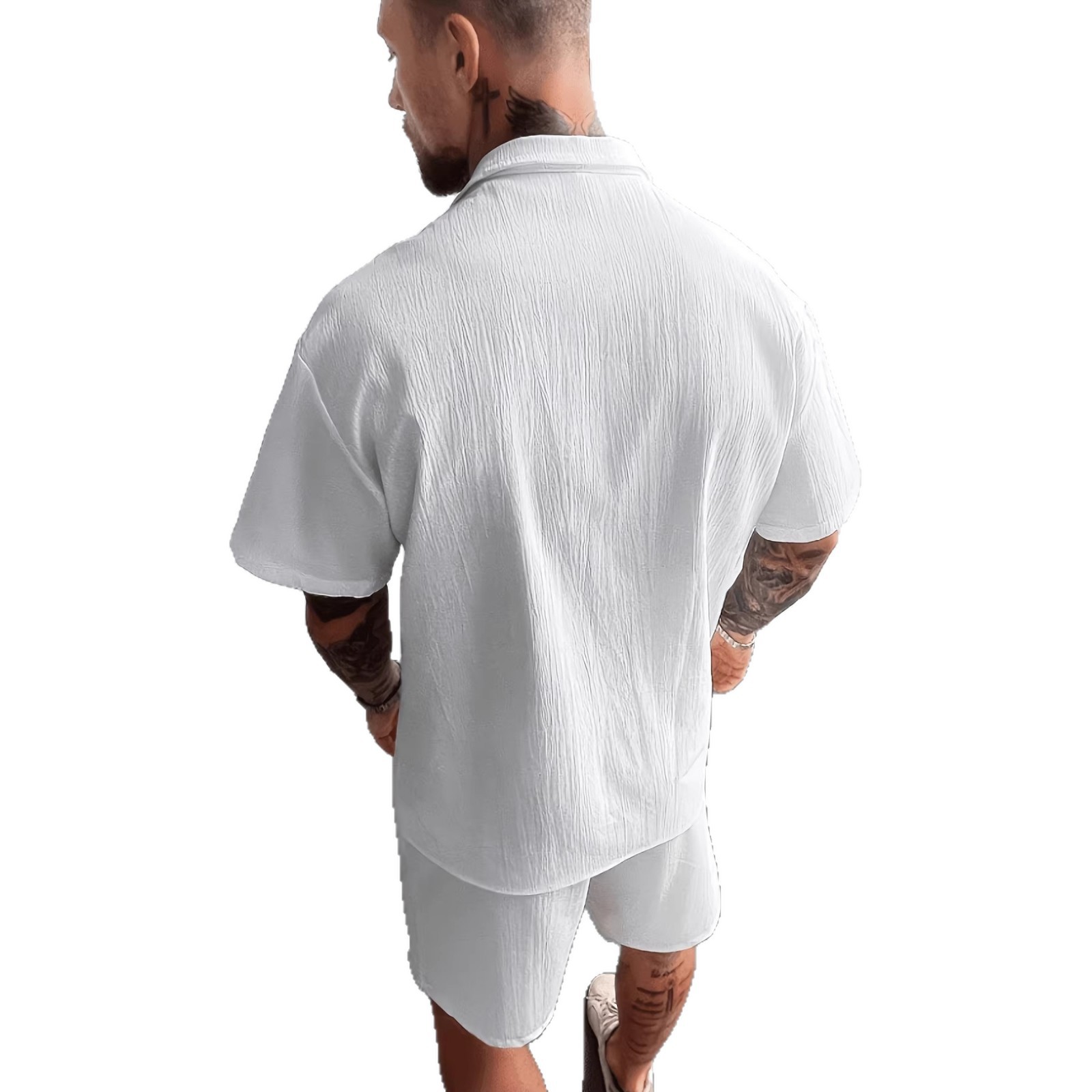 Kurzarmhemd für Herren in Leinenoptik, lässiges, einfarbiges Hemd mit offener Vorderseite, leichtes, atmungsaktives Sommerhemd für die Freizeit_voghion.com