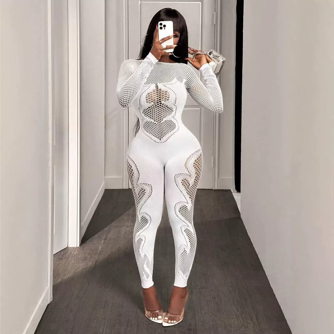 2025秋季新款女装长袖性感镂空跨境锦纶高腰无缝修身针织连体裤