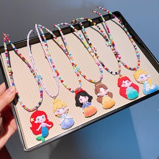 Children's Internet Celebrity Xiaomi Beads Cartoon Princess Necklace Ice and Snow Girls Mermaid Princess Handmade Beaded Clavicle Chain Jewelry