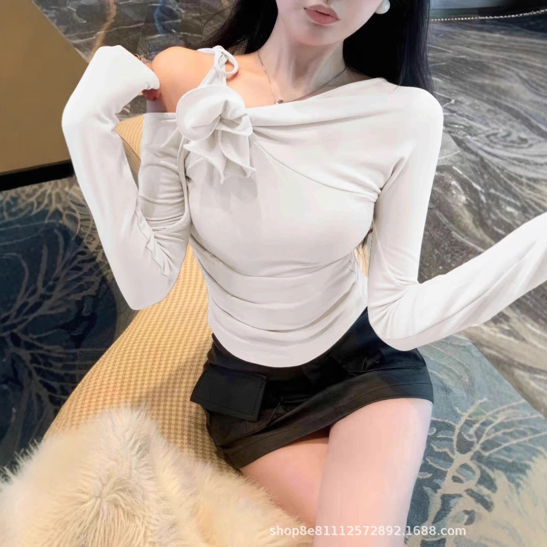 (2개) 입체 꽃 어깨 톱 여자 겨울 긴팔 티셔츠 주름 하이 엔드 올매치