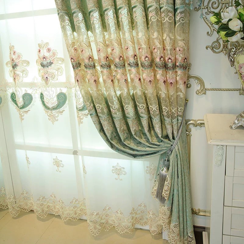 Cortinas bordadas de Chenier de estilo europeo, dormitorio de la Sala de estar, cortinas de productos terminados sombreadas de alta gama, cortinas de ventanas flotantes atmosféricas de lujo ligero