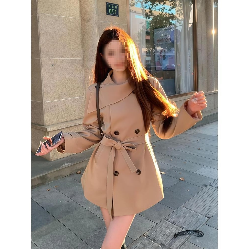 Short Windbreaker Jacket for Women, Petite, Casual, New Korean Style, Waist-Cinching, Elegant Khaki British Style Top for Spring and Autumn