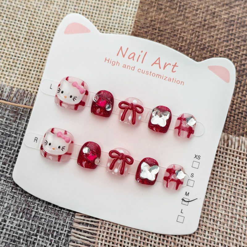Shiny Butterfly Hello Kitty Children's Manicure Wearable Nails Cartoon Cute Fairy Red Nail Patch