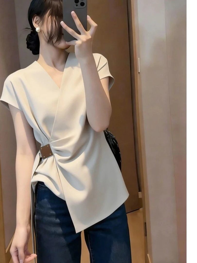 Áo sơ mi ngắn tay cổ chữ V phong cách Hàn Quốc, dáng ôm nhẹ, phối đồ đa năng — màu mơ chi tiết 2