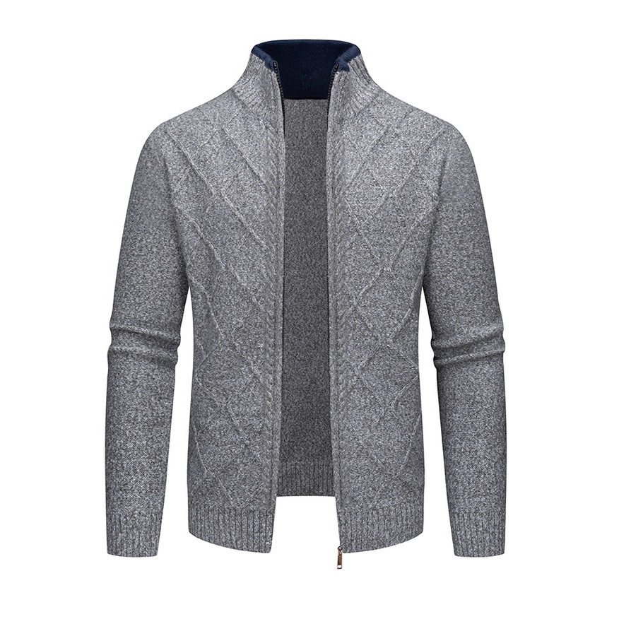 Transfronterizos de color sólido otoño y invierno para hombres con cuello de diamante engrosado jersey jersey cardigan casual jersey