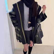 双面穿格子大翻领双面羊绒大衣女秋冬新系带显瘦刺绣羊毛呢外套