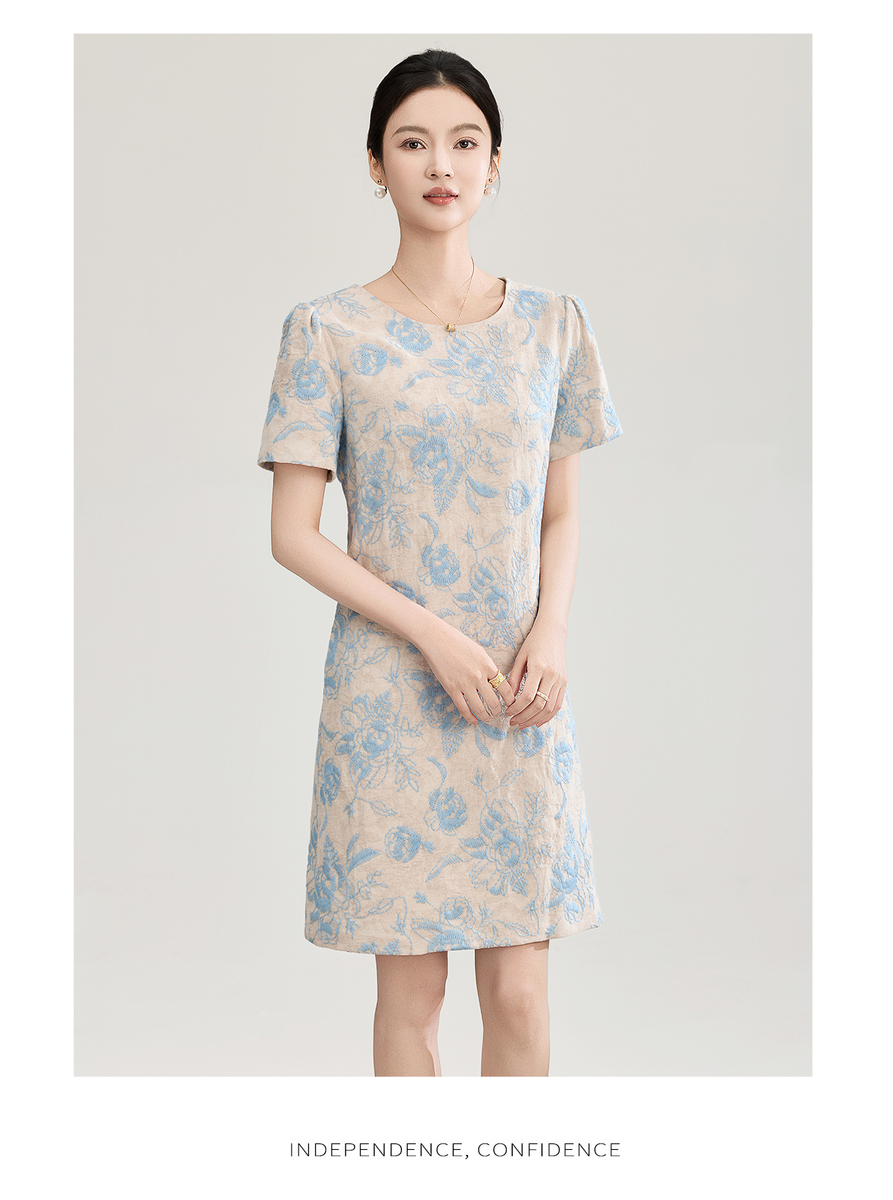 Đầm chữ A thêu jacquard tay ngắn mùa xuân hè — xanh lam chi tiết 18