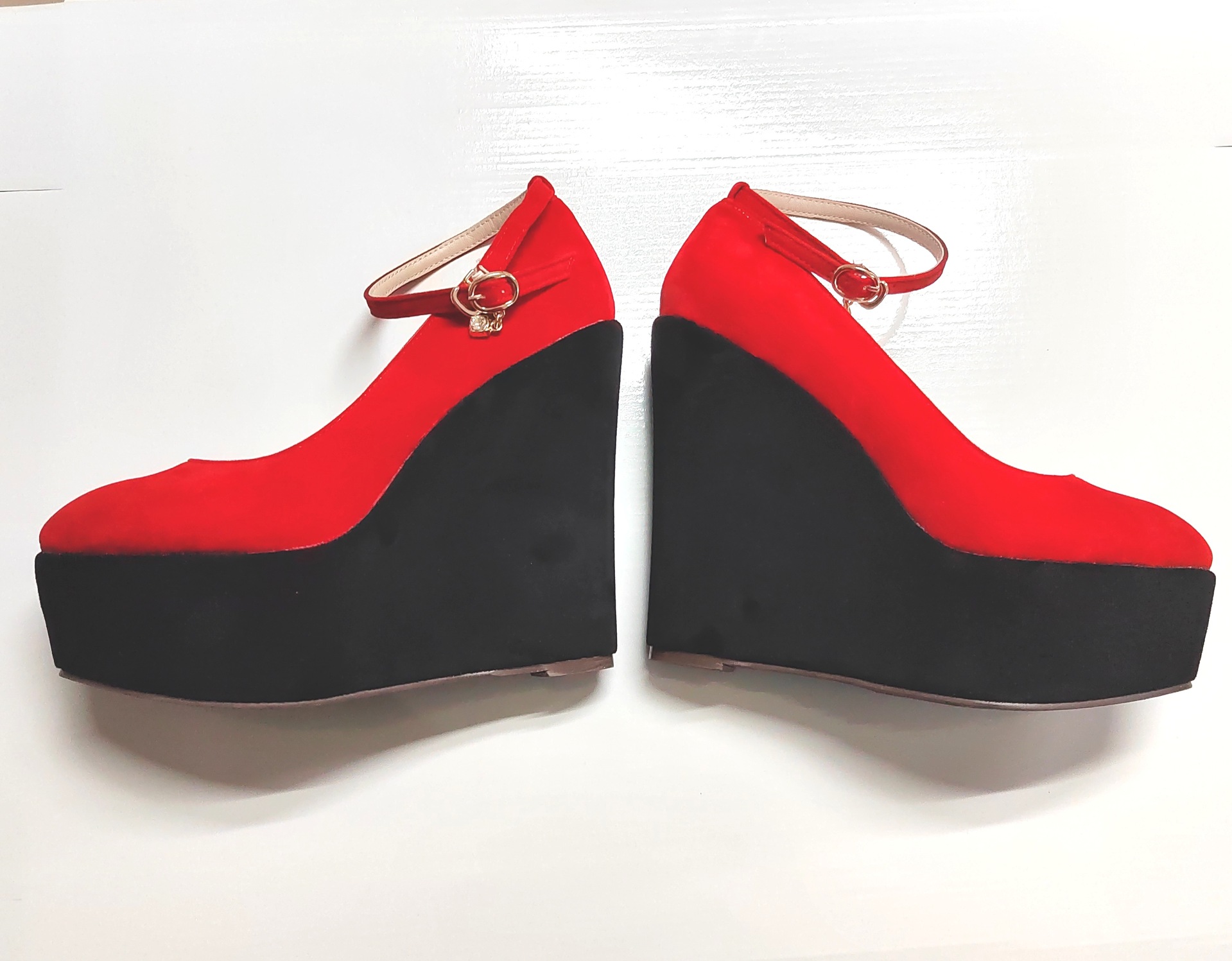 Giày cao gót nữ mũi tròn da lộn gót siêu cao 15 cm miệng nông — Màu đỏ chi tiết 3