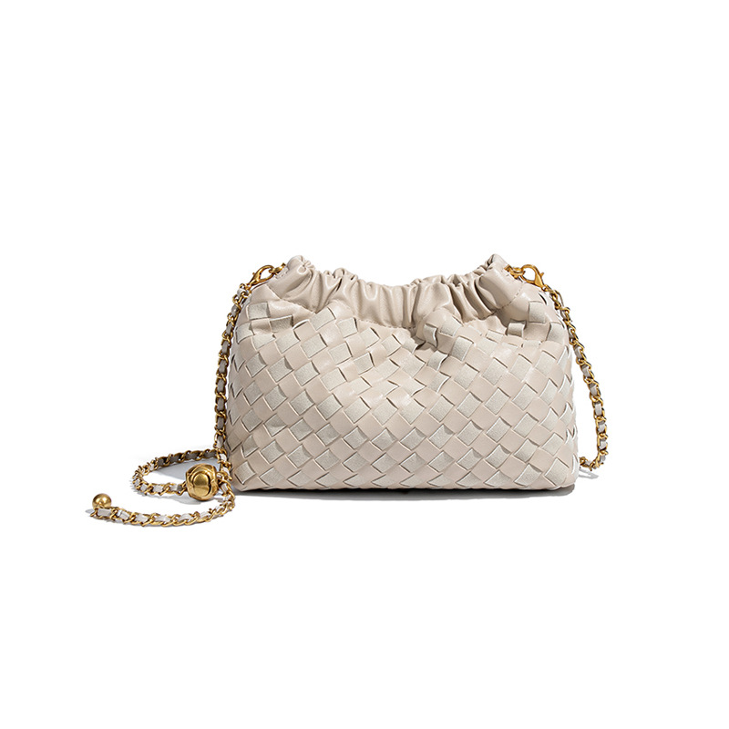 New Woven Cloud Bag With Gold Chain, Handmade Horizontal Shoulder & Crossbody Bag, Gold Ball Small Square Drawstring Pleated Bag - Thumbnail 7