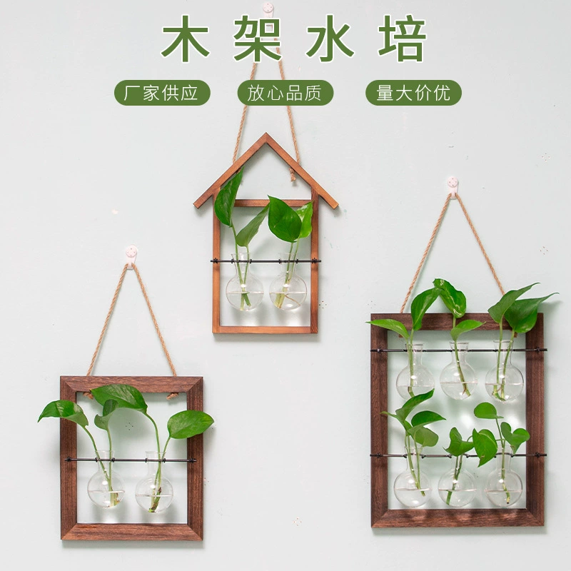 Креативная Ретро деревянная подставка прозрачная стеклянная ваза украшение дома настенная ваза гидропонная ваза для растений