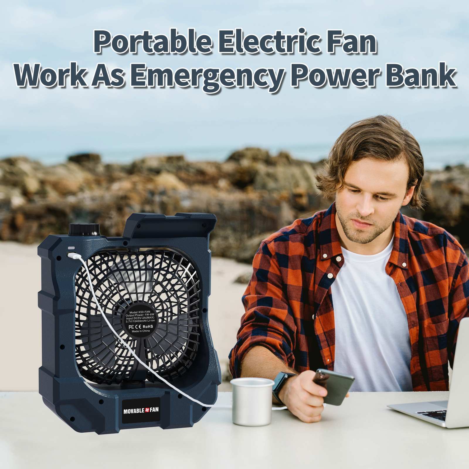 Ventilador Oscilante de Camping con Luz USB Recargable con Iluminación y Banco de Energía para Exterior