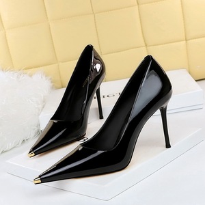 9283-6 European and American Style Sexy Slim High Heel Shoes Thin Heel Super High Heel Shiny Lacquer Leather Shallow Mou