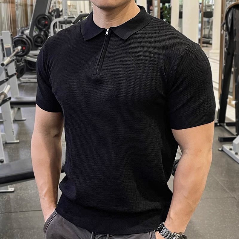 Camisa POLO, solapa, suéter de manga corta, media cremallera para hombre, fitness, músculo, delgado, tendencia empresarial, comercio exterior transfronterizo al por mayor