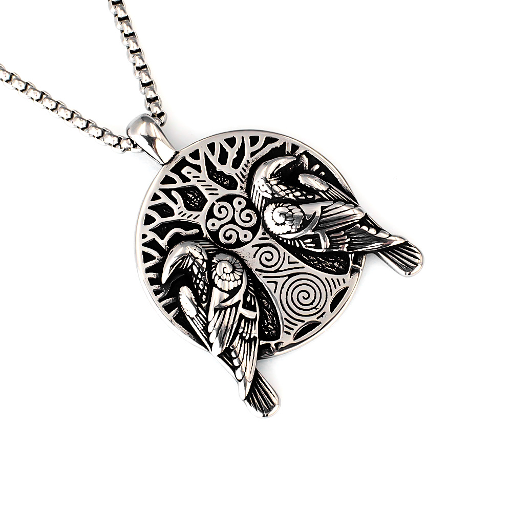 2026 European And American Retro Men's Pendant Stainless Steel Double-Sided Pattern Viking Tree Of Life Double Bird_voghion.com