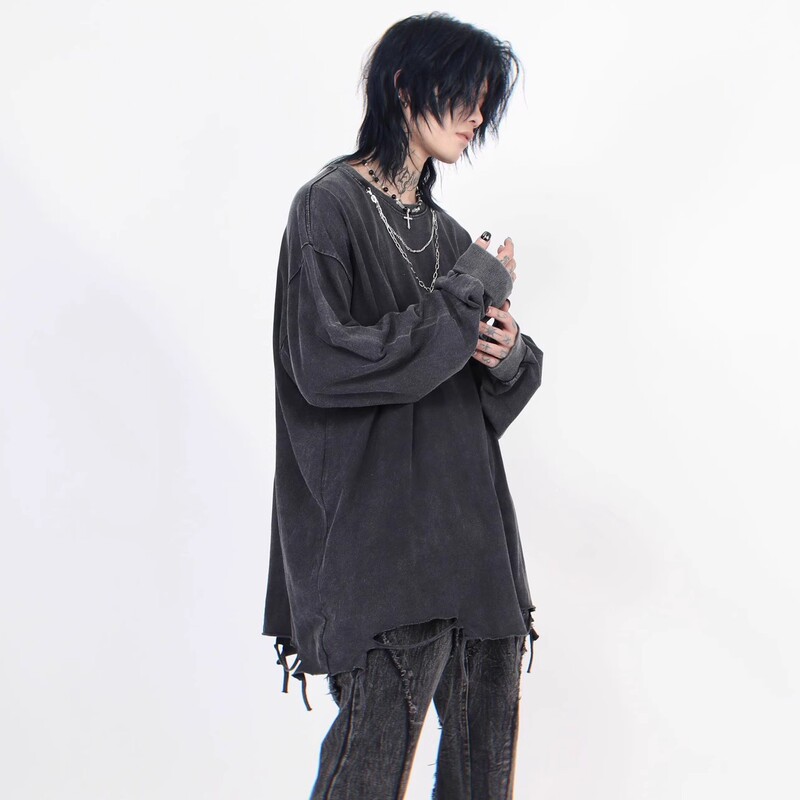 American New Heavyweight Pure Cotton Distressed Long-Sleeved T-Shirt Off-Shoulder Pure Cotton Washed Retro Loose Oversize Top