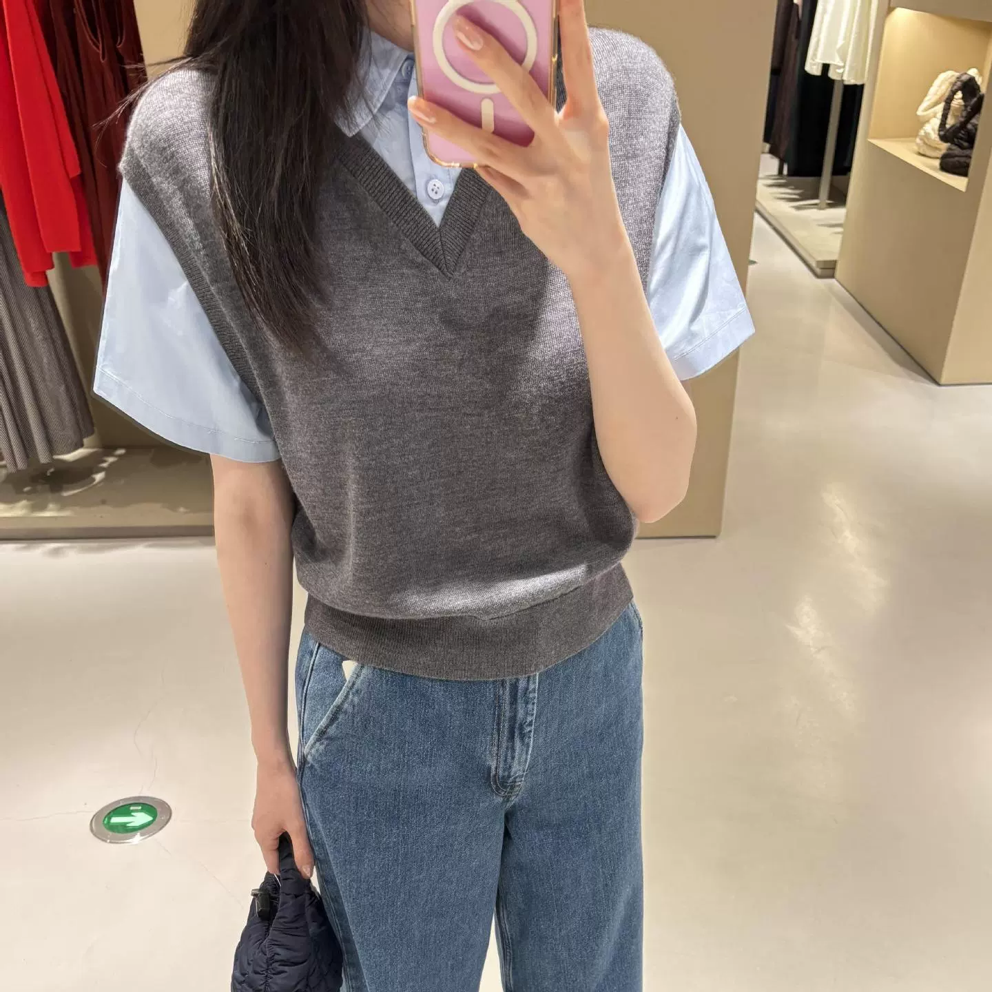 C家25早秋新款假两件拼接衬衫美利奴羊毛棉质衬衣背心 1304059001