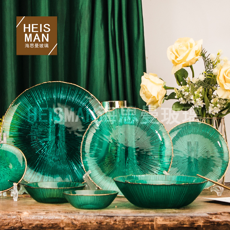 Light Luxury Ion-Plated Gold-Edged Glass Bowl & Plate Set with Firework Texture: Western Dinner Plates, Dessert & Salad Bowls, Decorative Display Pieces for Model Interiors