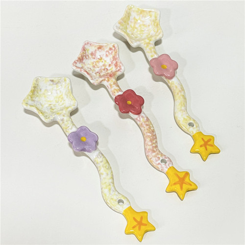 Adorable girl heart pink tulip spoon with stars, flower-shaped ceramic spoon for desserts, soup, rice, and coffee stirring