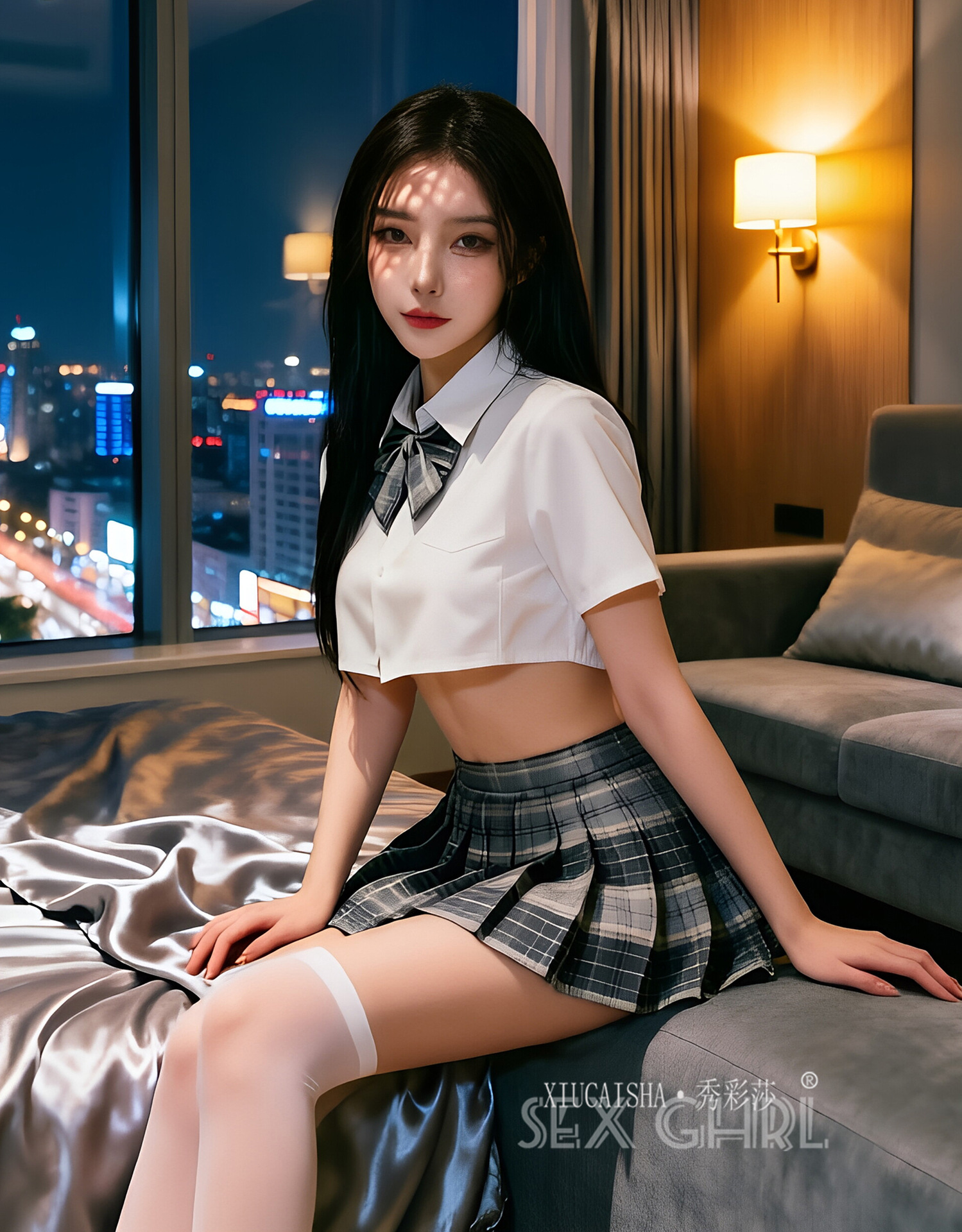 Student-Style Roleplay Lingerie Set with Plaid Skirt, Top, Bow Tie, Thong and Stockings — detail image 12