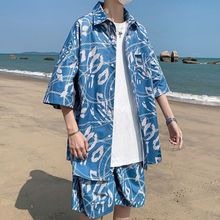 夏季冰丝休闲套装男士潮牌痞帅宽松衬衫帅气沙滩短袖衬衣一套搭配