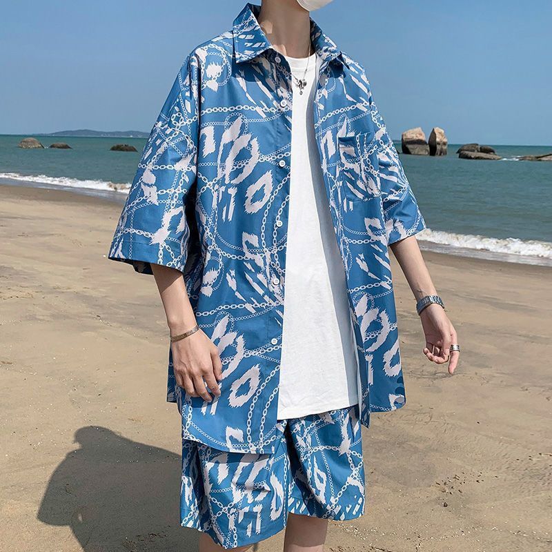 夏季冰丝休闲套装男士潮牌痞帅宽松衬衫帅气沙滩短袖衬衣一套搭配