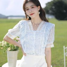 2024夏季新款法式V领碎花雪纺衬衫女短袖设计感小众气质洋气小衫