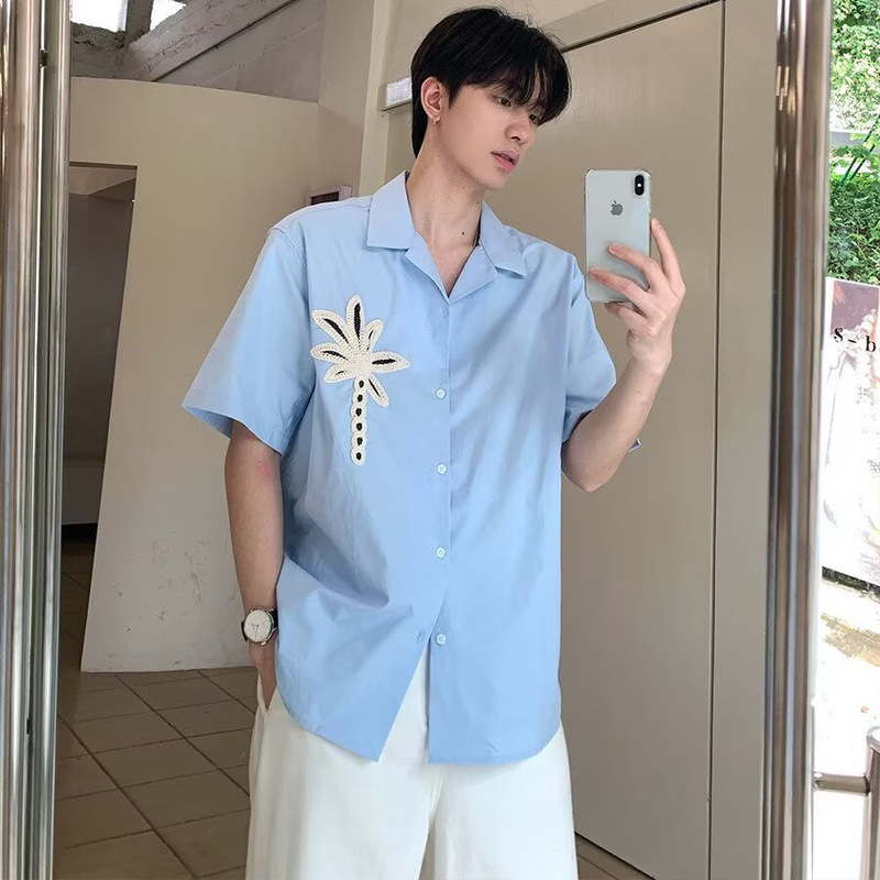 2026 New Trendy Brand Coconut Tree Solid Color Short-Sleeve Shirt for Men, Stylish, Simple, Casual, Loose-Fitting Men's Shirt