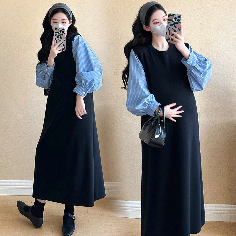 2025 early spring new designer fake two-piece shirt knitted dress loose slim stitching pregnant women dress