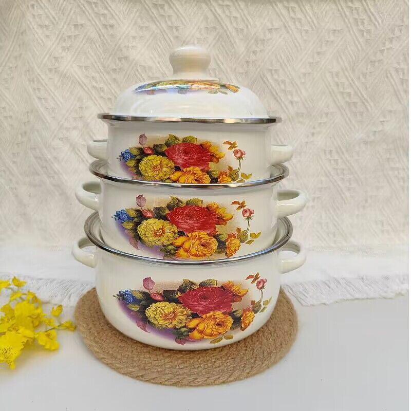 Tres piezas de esmalte olla esmalte pan hogar diario multi-especificación esmalte olla con tapa binaural regalo sopa olla