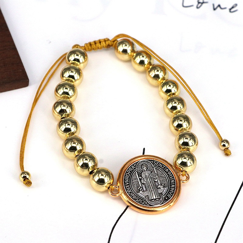 Women's Gender Wholesale Jewelry Casual Vintage Style Religion Human Saint Benedict Copper Gold Plated Beaded Bracelets
