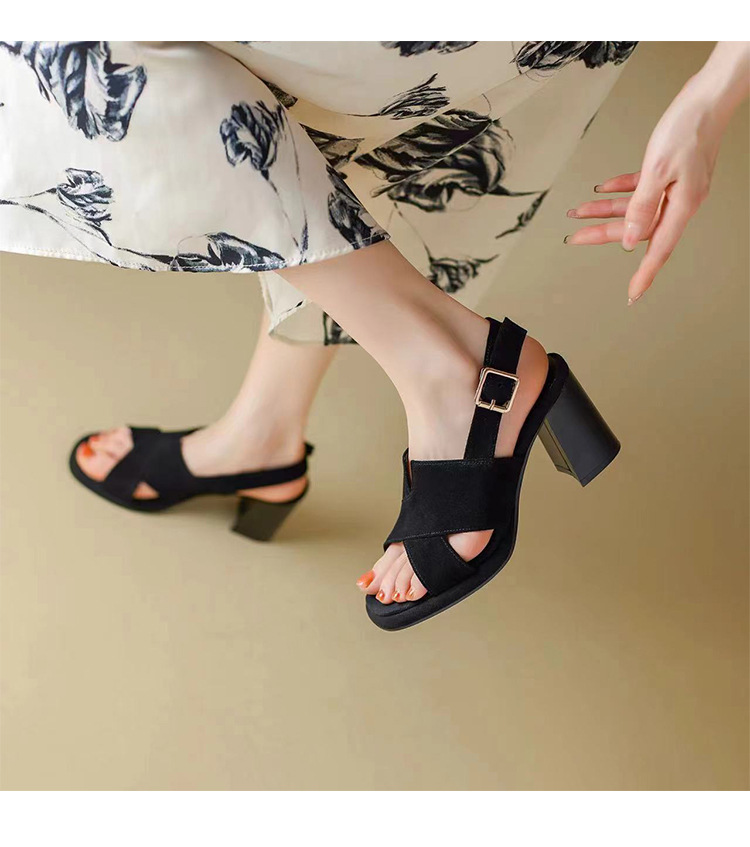Sandal cao gót da cừu nữ mũi hở gót 7 cm đế dày chống thấm — Màu đen gót 7cm chi tiết 5