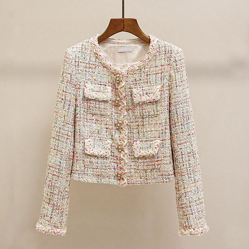 High-End French Style Short Jacket with Colorful Thread Woven Tweed, Ladylike Style, Slimming and Elegant Top