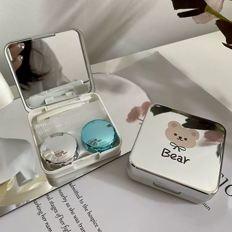 Футляр для контактных линз Brand invisible с зеркалом, глянцевая крышка «мишутка», пинцет и флакон (62×62×22 мм)