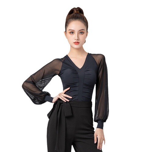 New nylon Latin dance practice clothes for women, lantern long sleeves, fashionable modern dance tops, ballroom dance clothes