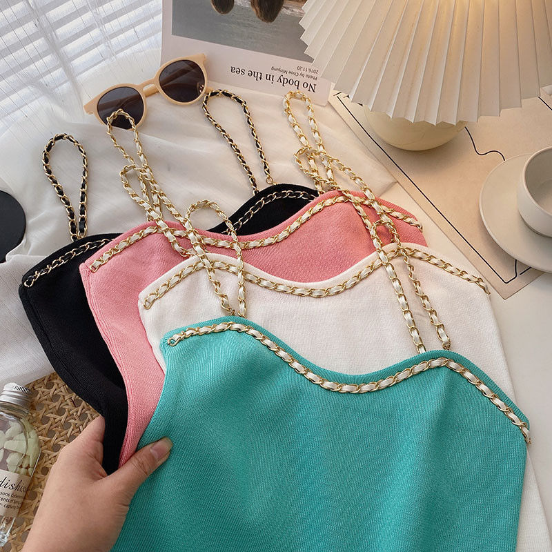 Summer New Style Outer Layer Bird Weave Small Fragrant Macaron Ice Silk Vest Small Suspender Knitted Chain Slim Fit