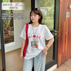 Shuangtian 2025 新しい夏の大きいサイズの女性のファット mm 女性の半袖 Tシャツ楽しいパターンプリントトップ W-218