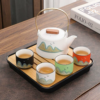 日式黑陶远山提梁壶旅行功夫茶具一壶四杯家用干泡盘便携包小套装