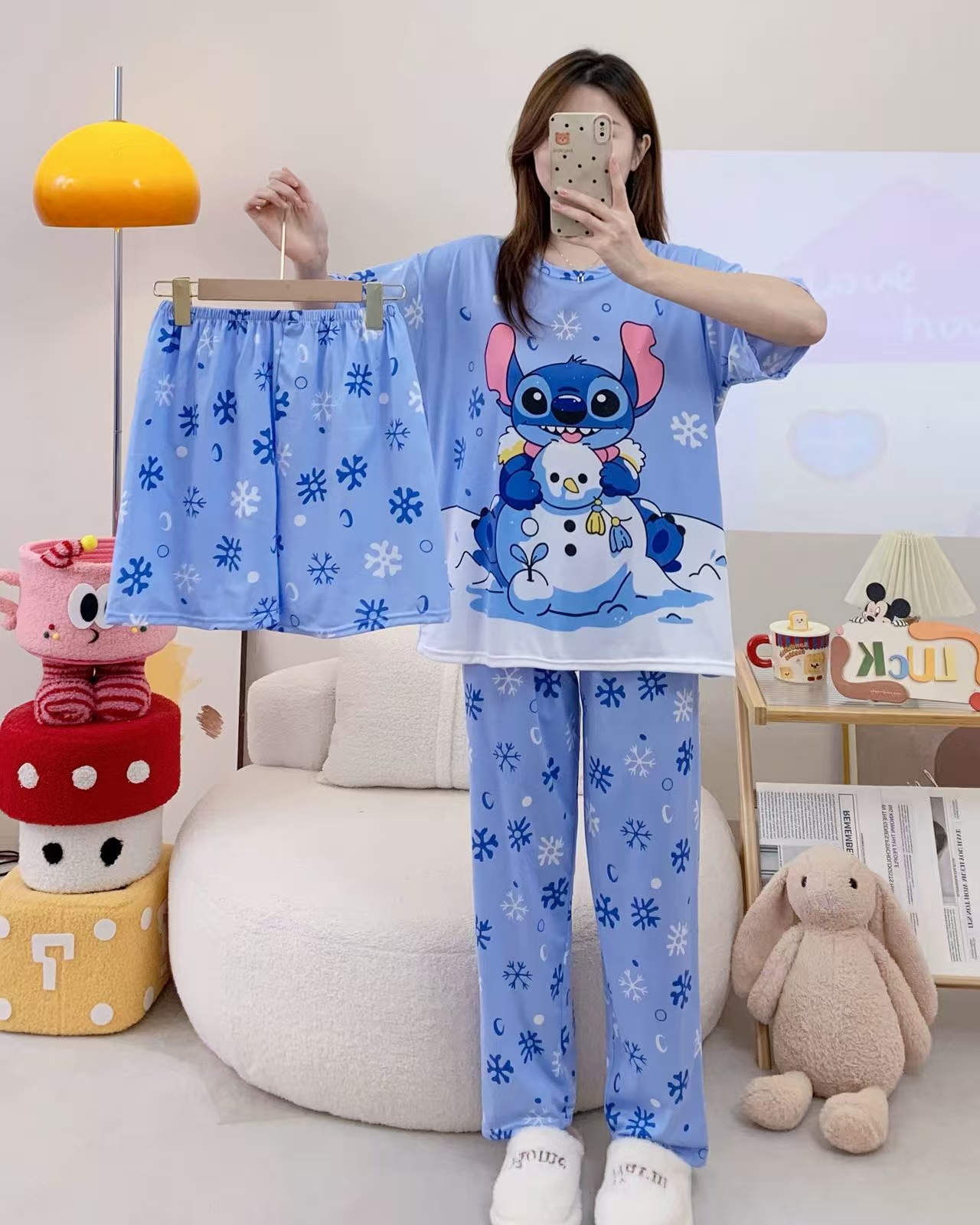 Pijamas de verano transfronterizos pijamas de leche de seda de tres piezas set de dibujos animados comercio exterior ropa para el hogar pantalones de mangas cortas lindos