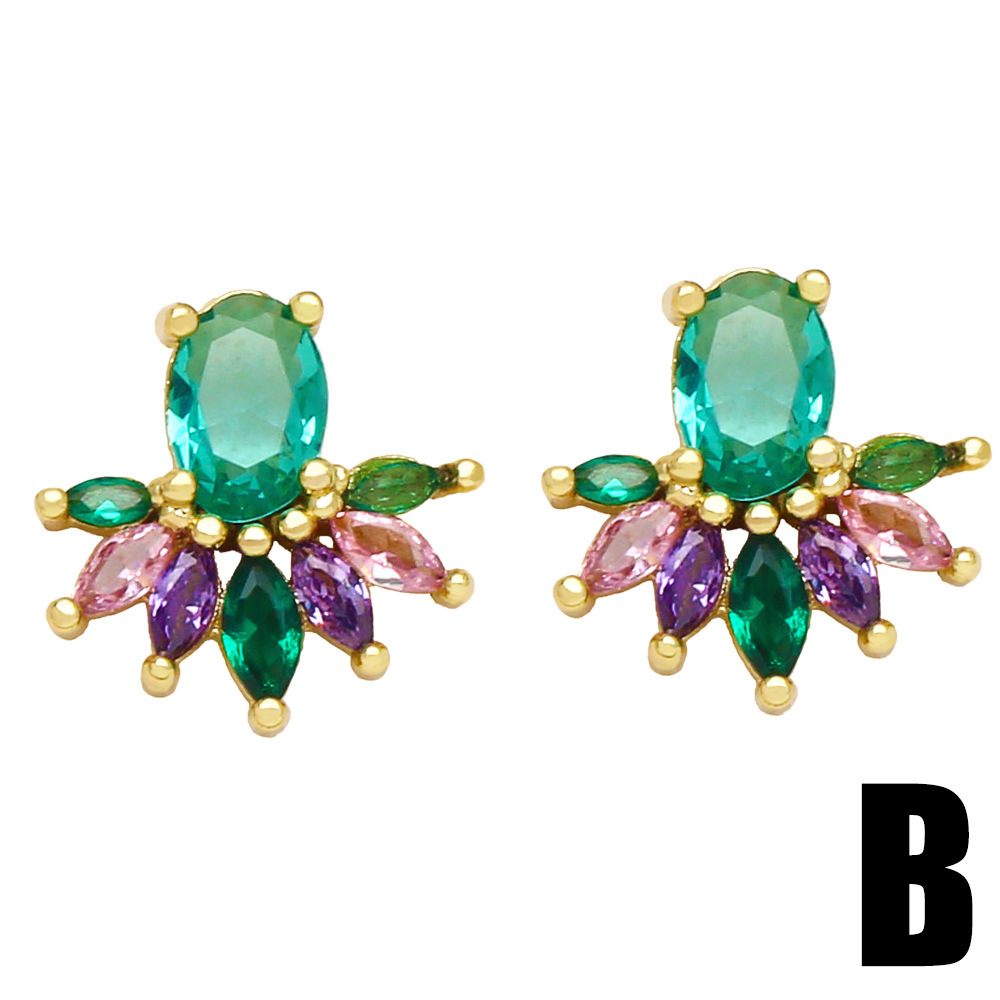 simple geometric color zircon copper 18k gold-plated earrings