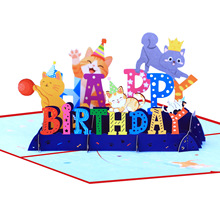 新款创意生日猫咪立体贺卡镂空纸雕跨境小猫3D立体祝福手工卡片