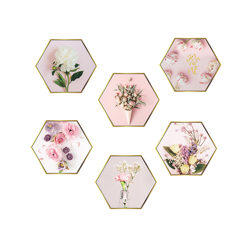 New Pink Flower Flat Hexagonal Photo Frame Wall Sticker display picture 6