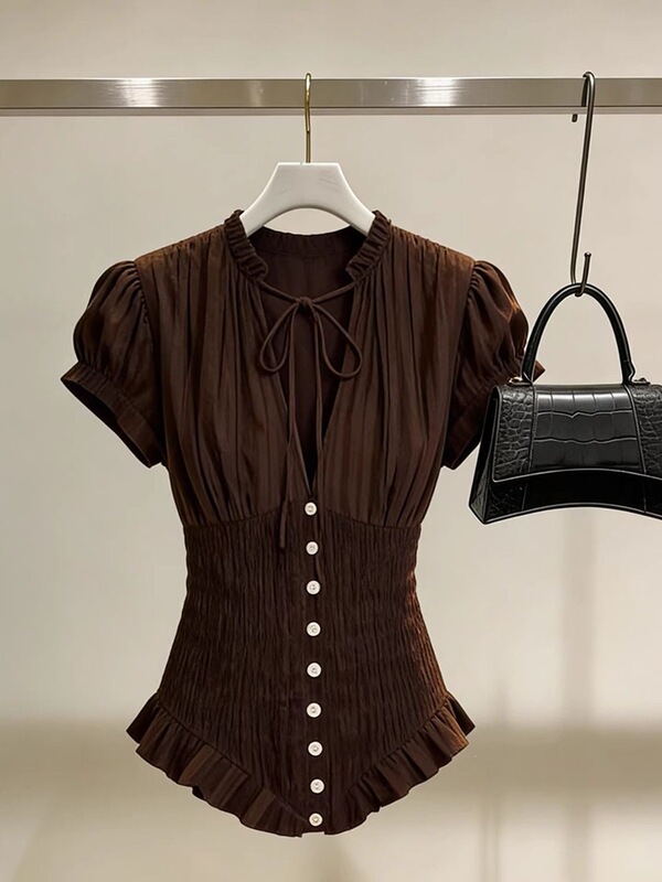 French-Style Niche Non-Crowded Design Brown Pleated Shirt for Women, 2026 Spring/Summer New Luxury Fashion Versatile Slimming Top